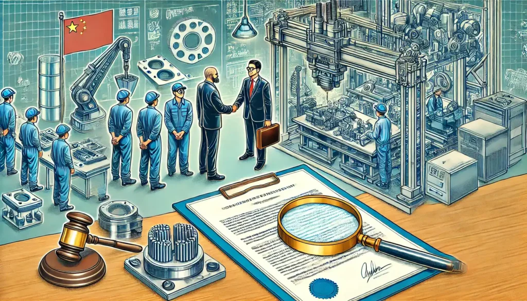 DALL·E 2024 09 02 10.58.28 A detailed illustration of a modern Chinese factory setting where a Chinese business professional and a Western business professional are shaking hand 1 5